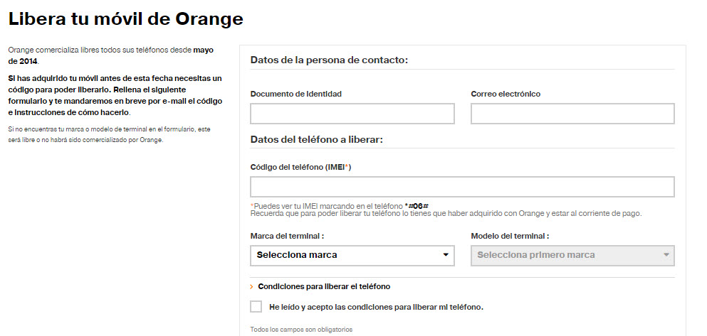 formulario para liberar movil orange gratis
