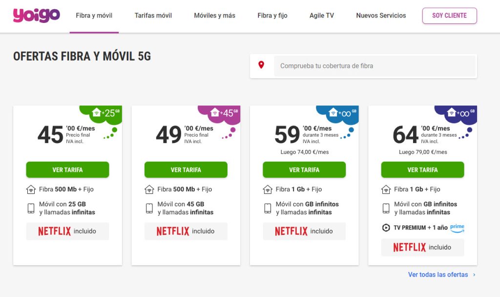 Tarifas de Fibra y Móvil Yoigo